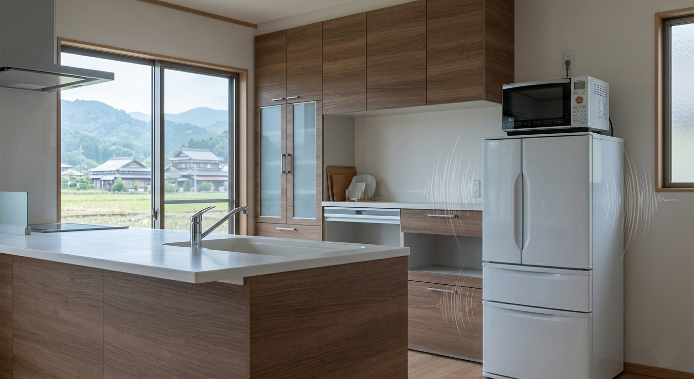 Modern kitchen with wood grain cabinets white countertops and an island sink a tall fridge with a microwave on top and large windows showing a rural landscape outside