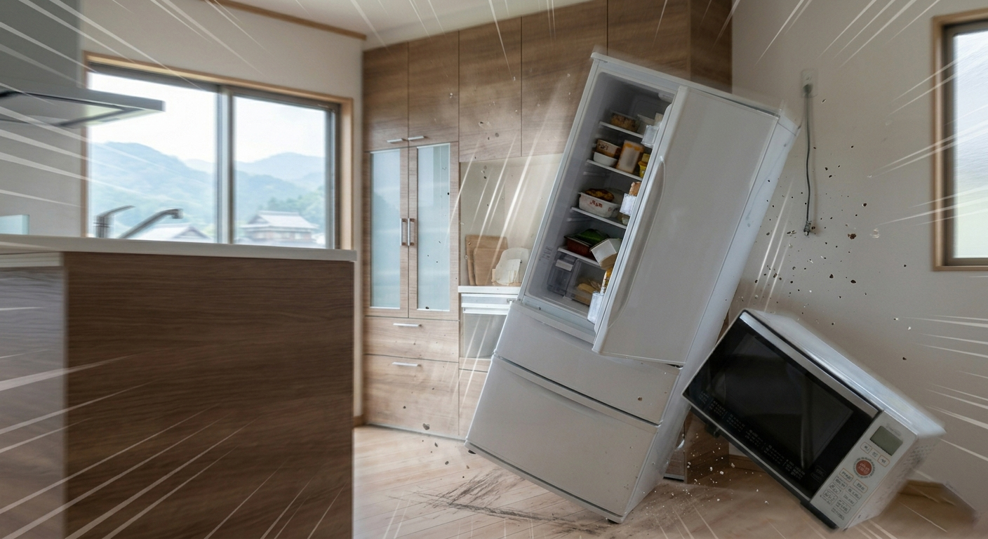 Fridge tilting on its side in a bright modern kitchen microwave fallen nearby and debris on the floor