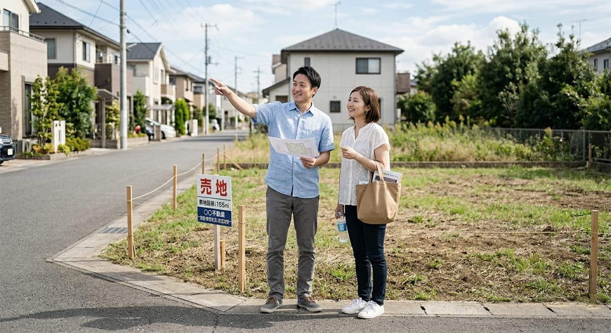 Couple standing by a vacant lot, one pointing while reviewing a map near a land-for-sale sign in a suburban street.